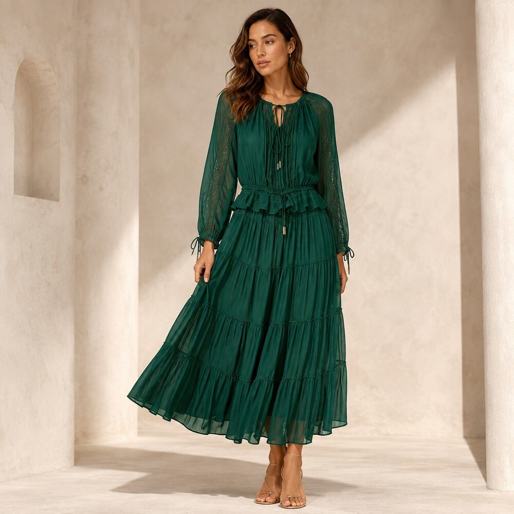 Zimmermann Maxi Dress 4 Small Emerald Green Tiered Lace Trim Boho Long Sleeve